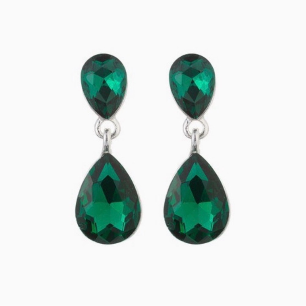 Emerald Green Crystal Drop Earrings Teardrop Dangle Silver Wedding Statement - Picture 7 of 9